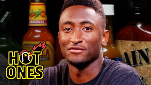 Hot Ones - S6E3: Marques Brownlee Ranks Hot Sauce Labels While Eating Spicy Wings